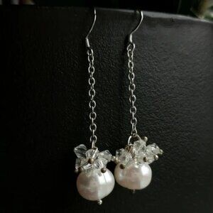 NEW Sterling silver crystal dangle drop earrings freshwater pearl